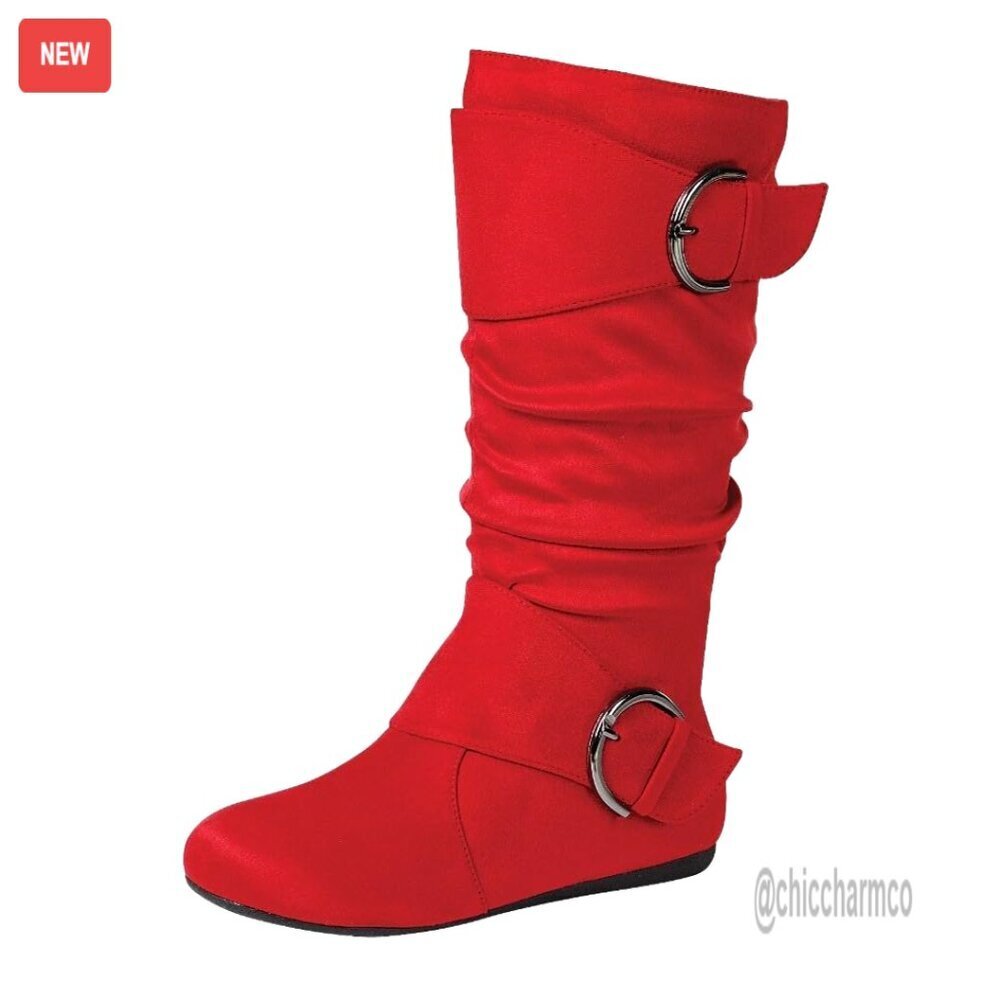 Slouch Mid-Calf Boots with Buckle Detail, Faux Suede, True to Size